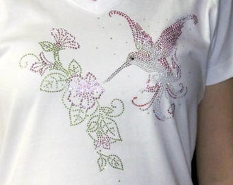 Rhinestone Pink Hummingbird on White Shirt Bling V-neck Ladies Tee, T-shirt, Grandma, Nana Gift, Birthday Gift, Mom Mother's Day Gift