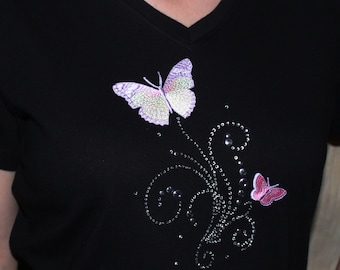 Embroidered Pastel Monarch Butterfly Rhinestone Swirl Spring Design Ladies Bling V-Neck Tee T Shirt Clothing -Mother's Day- Gift for her