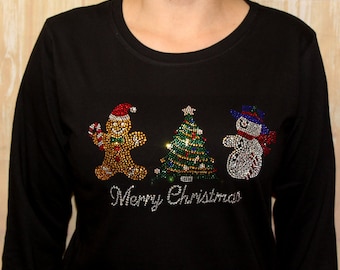 Rhinestone Merry Christmas Tree Snowman Gingerbread Holiday Shirt Bling Ladies Longsleeve T shirt