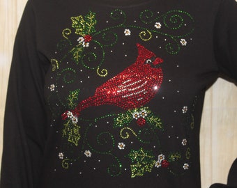 Rhinestone Cardinal with Swirls of Holly and Flowers Holiday Bling Long Sleeve Shirt Tee