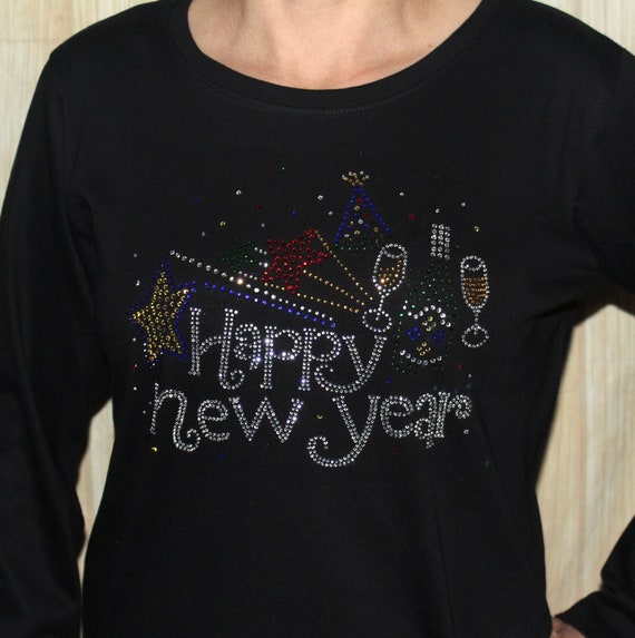 Rhinestone Happy New Year Bling Longsleeve Ladies Shirt Holiday Tee 
