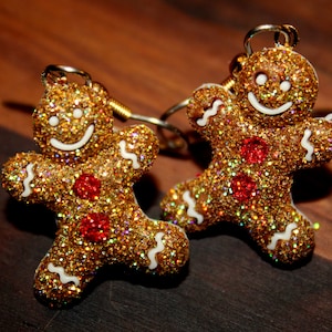 Fun Glittered Gingerbread Man Christmas Holiday Earrings Glittered and Bling