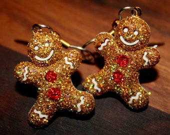 Fun Glittered Gingerbread Man Christmas Holiday Earrings Glittered and Bling