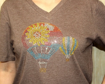 Sunflower Hot Air Balloon Rhinestone Unisex 3005 Bella V-Neck Vacation Bling Tee V-neck T shirt Hot air festival shirt