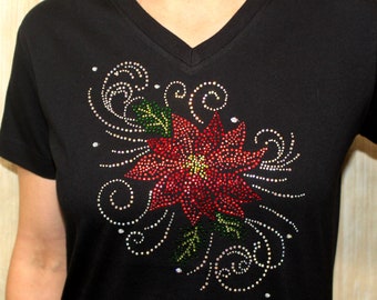 Rhinestone Christmas Poinsettia Swirl Bling V-neck Ladies Shirt Holiday Tee T-Shirt