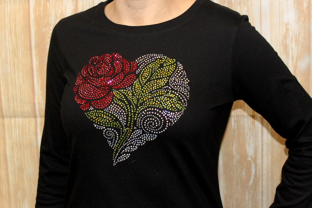 Rhinestone Heart Rose Bling Long Sleeve Ladies Shirt - Etsy