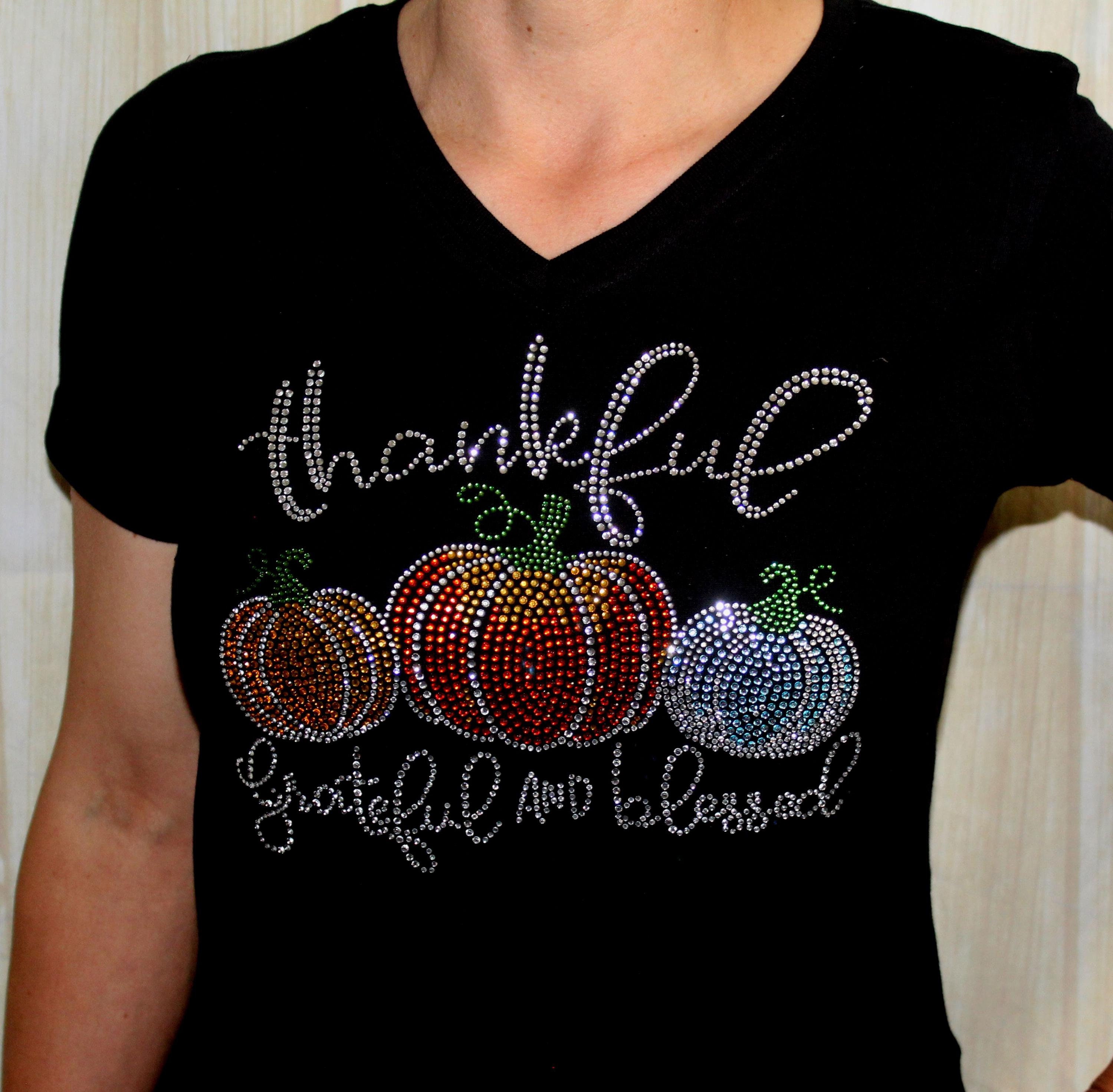 Grateful, Thankful, Blessed Pumpkin Thanksgiving Harvest Bling Rhinestone Ladies Tee T-Shirt Holiday Tee