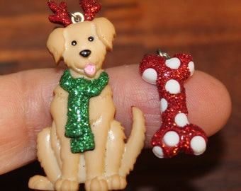 Holiday Christmas Golden Retriever Lab Puppy Dog with Antlers and scarf Feliz Navidog and Bone Holiday Earrings Glittered and Bling