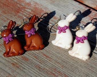 Chocolate and White Chocolate Bunny Easter Candy Holiday Earrings Glittered and Bling