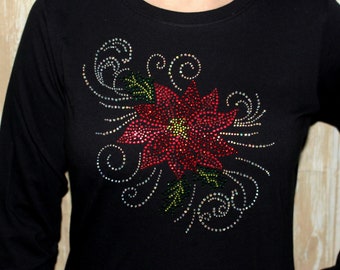 Rhinestone Christmas Poinsettia Swirl Bling Long sleeve Longsleeve Ladies Shirt Holiday Tee T-Shirt