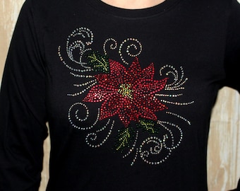 Rhinestone Christmas Poinsettia Swirl Bling Long sleeve Longsleeve Ladies Shirt Holiday Tee T-Shirt