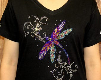 Colorful Rhinestone DragonflyBling V-neck Ladies T shirt Gift for her, Mother's Day, Grandmother, Grandma, Nana, Glammy Bling Tee, Birthday