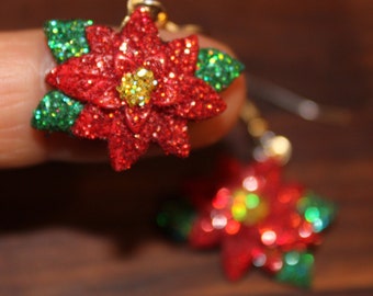 Glittered Christmas Poinsettia Flower Holiday Earrings Bling