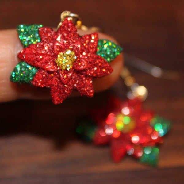 Glittered Christmas Poinsettia Flower Holiday Earrings Bling