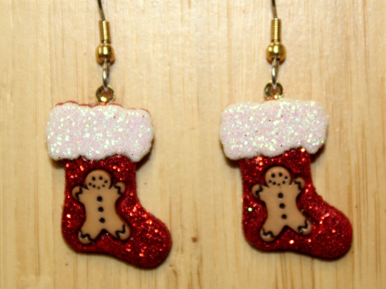 Christmas Stocking Gingerbread Man Christmas Tree Holiday Earrings Glittered and Bling image 1