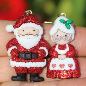 Mr and Mrs Santa Claus Christmas Holiday Earrings Glittered and Bling