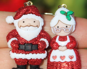 Mr and Mrs Santa Claus Christmas Holiday Earrings Glittered and Bling