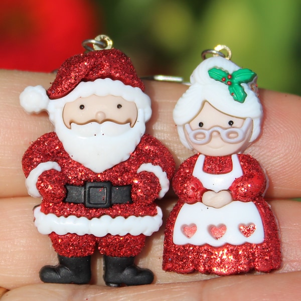 Mr and Mrs Santa Claus Christmas Holiday Earrings Glittered and Bling