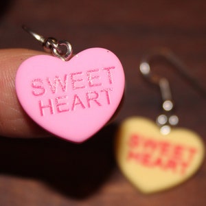 Sweetheart Candy Heart Valentine Be Mine Hug Me Holiday Earrings Glittered and Bling