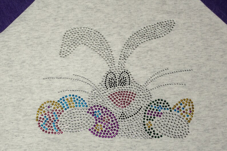 Rhinestone Bling Bunny Easter Egg Purple Raglan Unisex Shirt for Ladies image 2