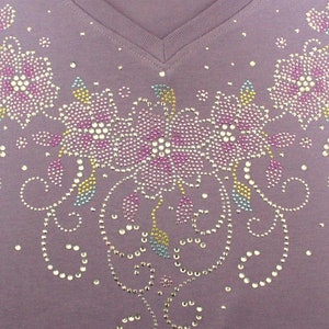 Rhinestone Lavender Purple Flowers and Swirls Bling V-neck Ladies T shirt image 2