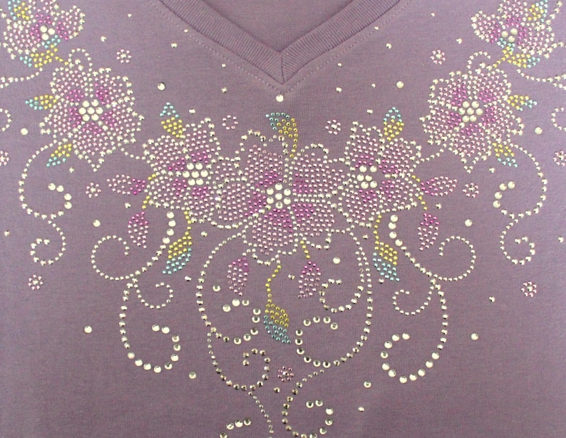 Rhinestone Lavender Purple Flowers and Swirls Bling V-neck Ladies T shirt image 2
