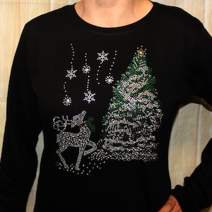 Rhinestone Reindeer Winter Scene Shirt Longsleeve Ladies Tee T-Shirt Holiday Bling Shirt Christmas