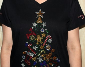 Rhinestone Whimiscal Christmas Decorating Tree Holiday Tee Shirt Gingerbread Candycane Ornaments Bling Ladies V-neck T shirt