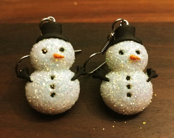 Black Hat Snowman Snowmen Winter Christmas Holiday Earrings Glittered and Bling