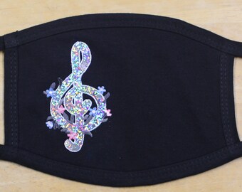 Sequin Treble Clef Music Bling Face Mask Triple Cotton Black Mask