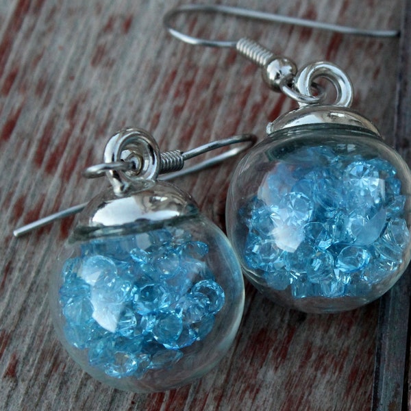 Glass Ball Bubble Dangle Earrings Aquamarine Blue Crystals Jewelry