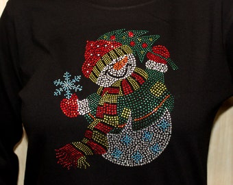 Rhinestone Snowman with Snowflake and Christmas Trees Holiday Shirt Bling Ladies Longsleeve T shirt Tee Fun Holiday Attire