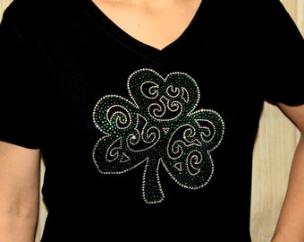 NEW!!!Rhinestone Swirl Shamrock St Patrick's Patty Day Irish Bling Ladies V-Neck Shirt