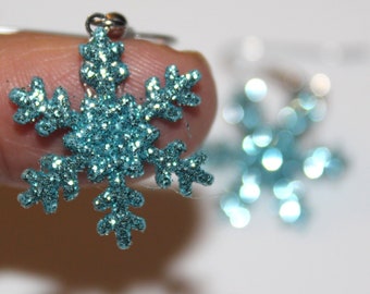 Blue Glittered Snowflakes Holiday Winter Earrings Glittered and Bling Christmas Gift