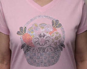 Rhinestone Happy Easter Bunny in Basket Eggs Carrots Holiday Bling Ladies V-Neck Tee T shirt Easter Attire