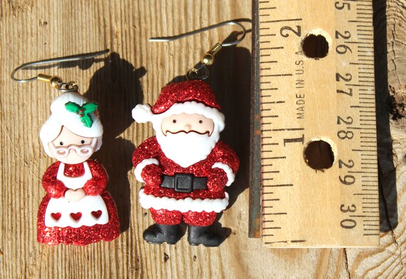 Mr and Mrs Santa Claus Christmas Holiday Earrings Glittered and