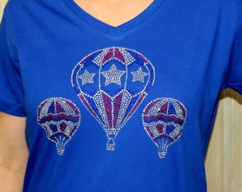 Rhinestone Patriotic Hot Air Balloons Red White & Blue USA American Flag Bling Royal Blue V-neck Ladies T shirt