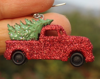 Vintage Red Truck with Christmas Tree Retro Glittered Earrings