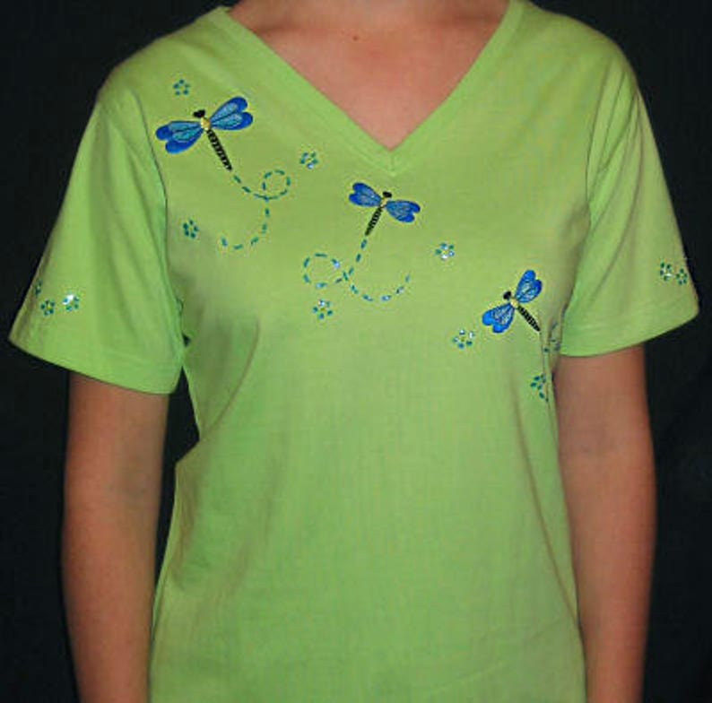 Embroidered Dragonfly Bug Unique Custom Women's Cute Fun Glitter Cool Bling Bug V-neck T shirt Cindy's Handmade Shirts Boutique image 1