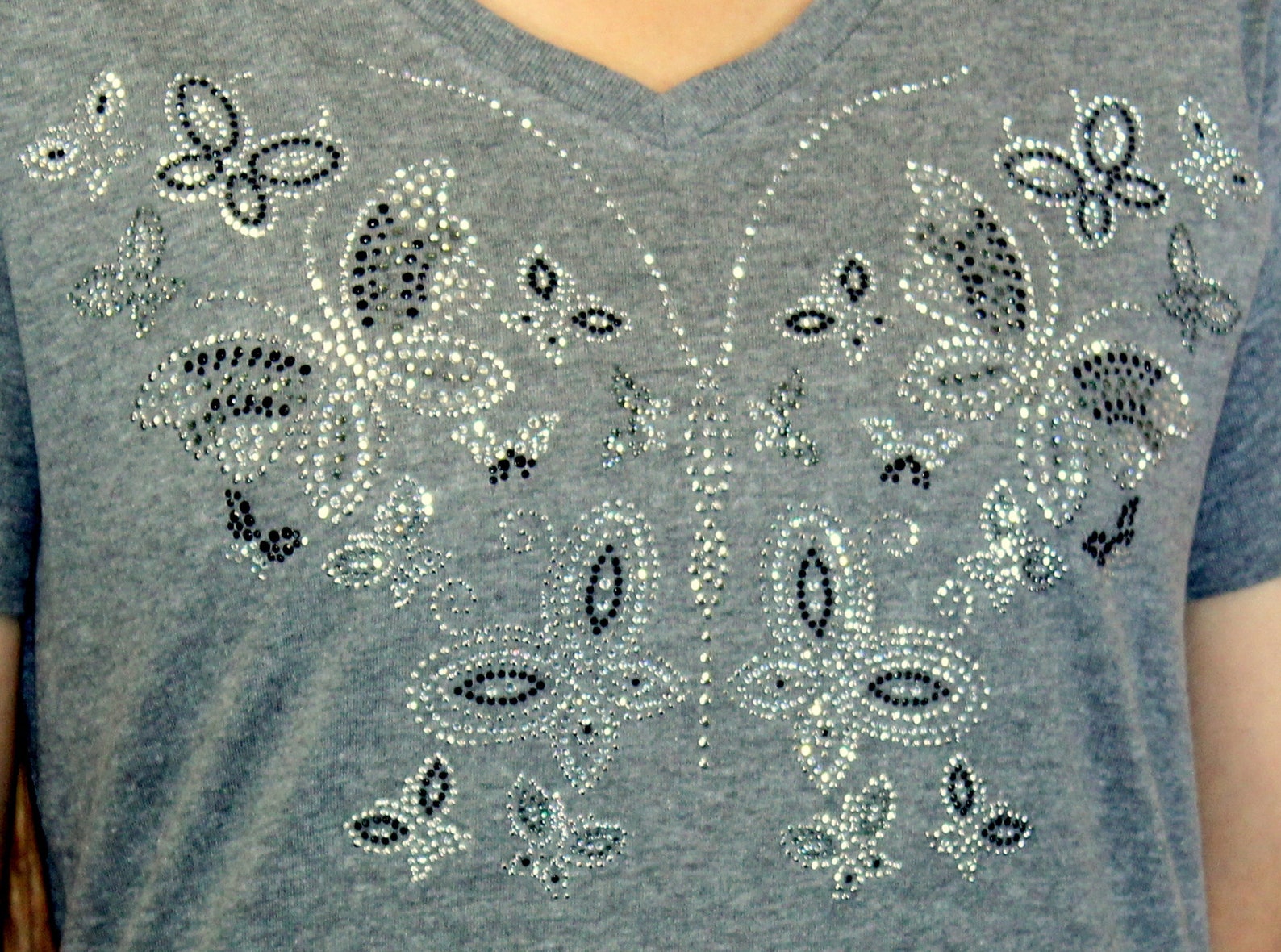Rhinestone Butterfly of Butterflies on Gray Ladies V-neck - Etsy