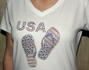 NEW! Rhinestone Patriotic Flip Flop USA American Flag Bling White V-neck Ladies T shirt