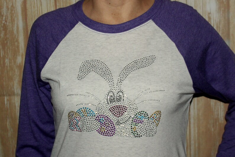 Rhinestone Bling Bunny Easter Egg Purple Raglan Unisex Shirt for Ladies image 1