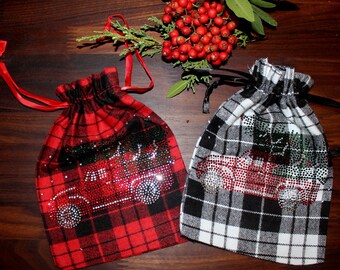 Sacchetti regalo in flanella a quadri con strass, camioncino rosso vintage con albero di Natale, stile retrò scintillante