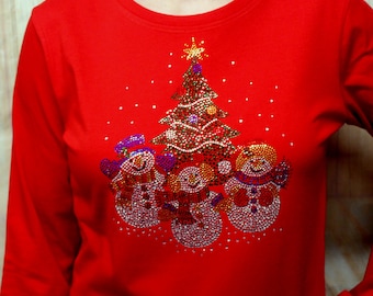 Rhinestone Snowman Family Christmas Tree Holiday Shirt Bling Ladies Longsleeve Long Sleeve T shirt