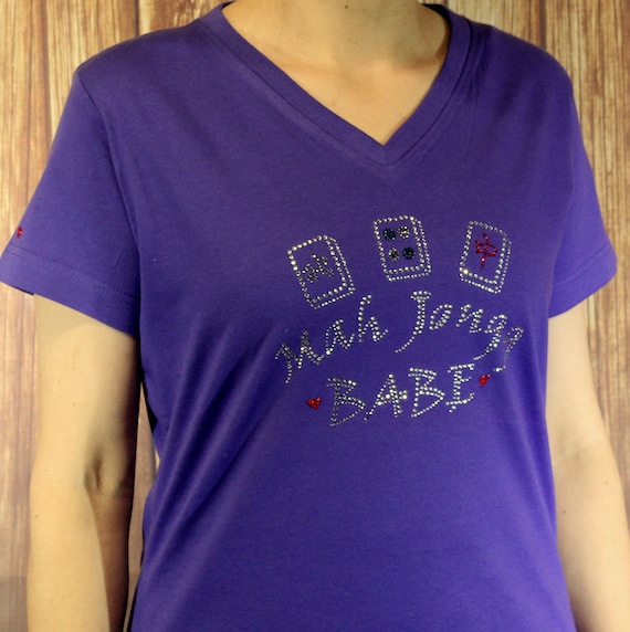 Rhinestone Mah Jongg Mahjong Babe Bling V-neck T shirt
