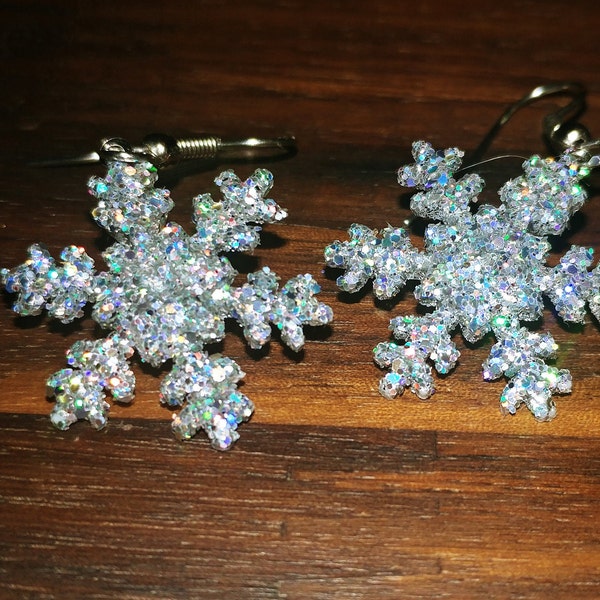 Glittered Silver Hologram Snowflakes Holiday Earrings Glittered and Bling