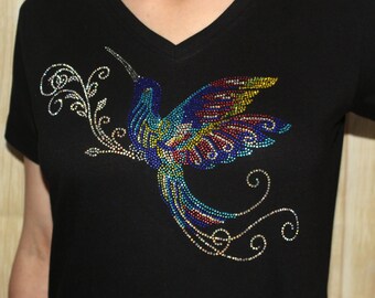 Rhinestone Colorful Hummingbird Swirls, Ladies Bling Tee,Mother's Day Gift, Mom Nana Gift, Gift for Mom,Gift T-shirt for Her,Birthday Gift