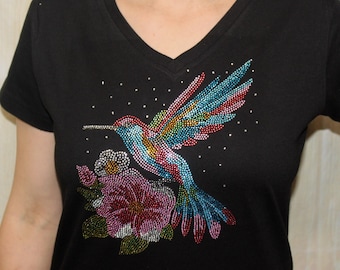 Colorful Hummingbird Bling Tee with Flowers Ladies V-Neck Bling T-Shirt Mother's Day  Grandmother Girt for Her