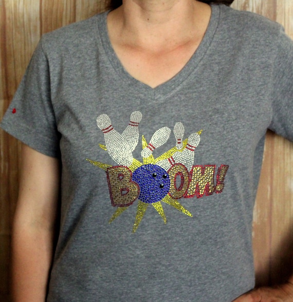 NEW Rhinestone Bowling Shirt With Boom Ladies Vneck T Etsy