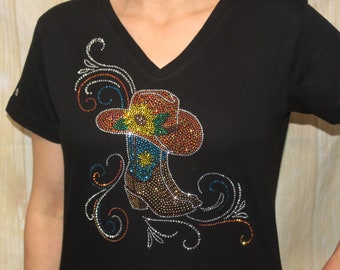 Rhinestone Cowgirl Boots and Hat Sunflower Swirls and Bling, Fun Rodeo Tee, Cowboy Tee, Boot bling Tee, Line Dancer Gift Tee